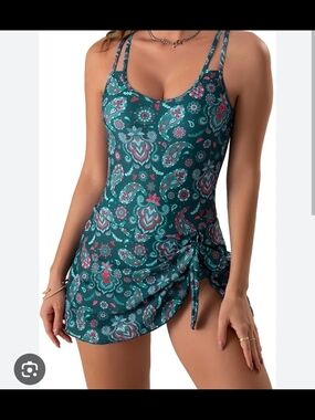 Teal Floral Print Tank One-Piece Swimdress with Side Tie